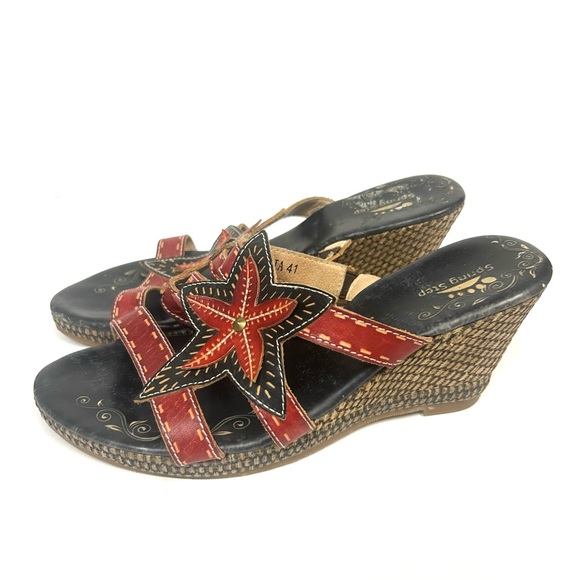 Spring Step Sandals Women 41 US 10 Leather Flower Wedges Red Black Gardenia Boho - Picture 2 of 11